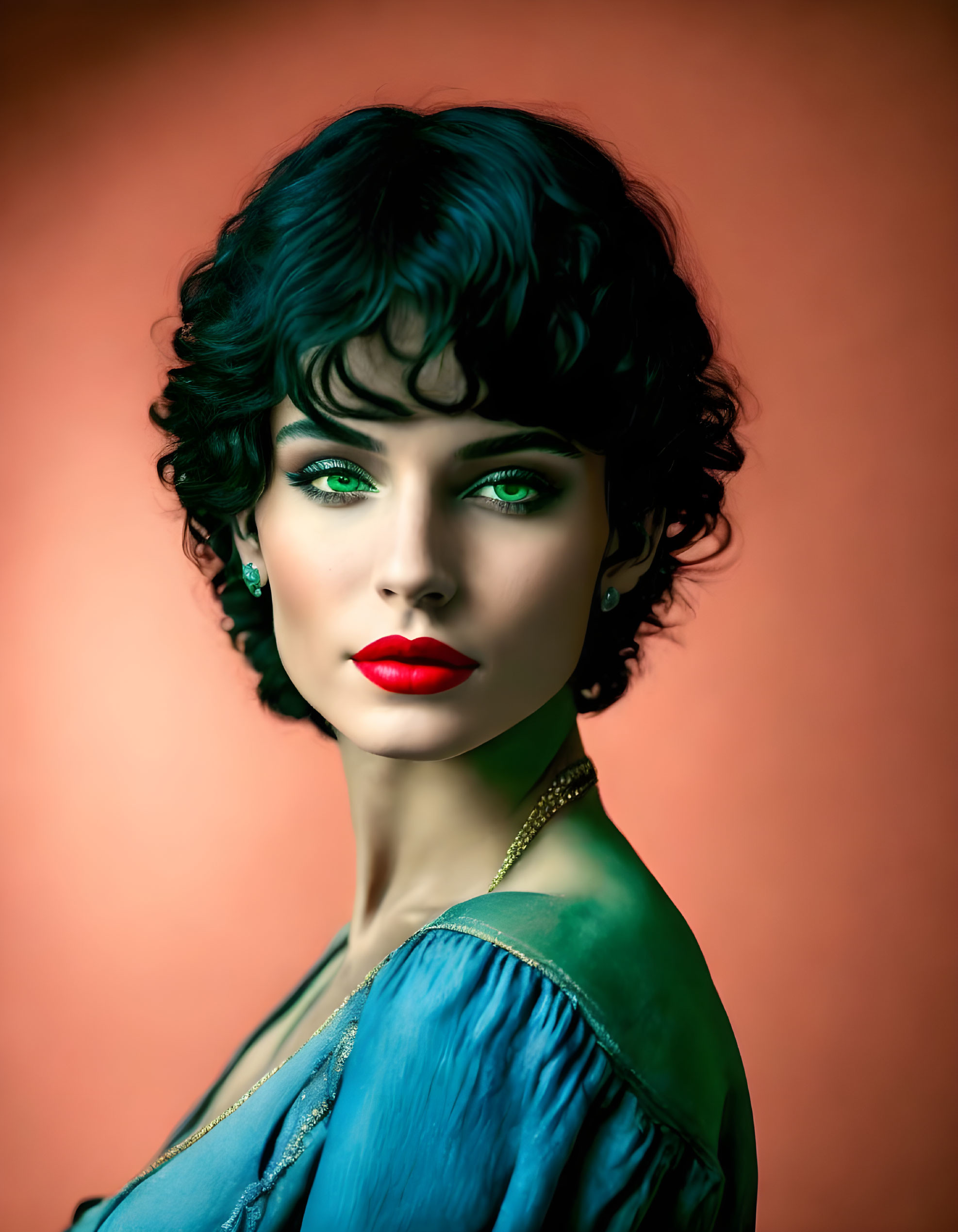 Portrait of Woman with Emerald Eyes, Dark Hair, and Red Lips on Gradient Background