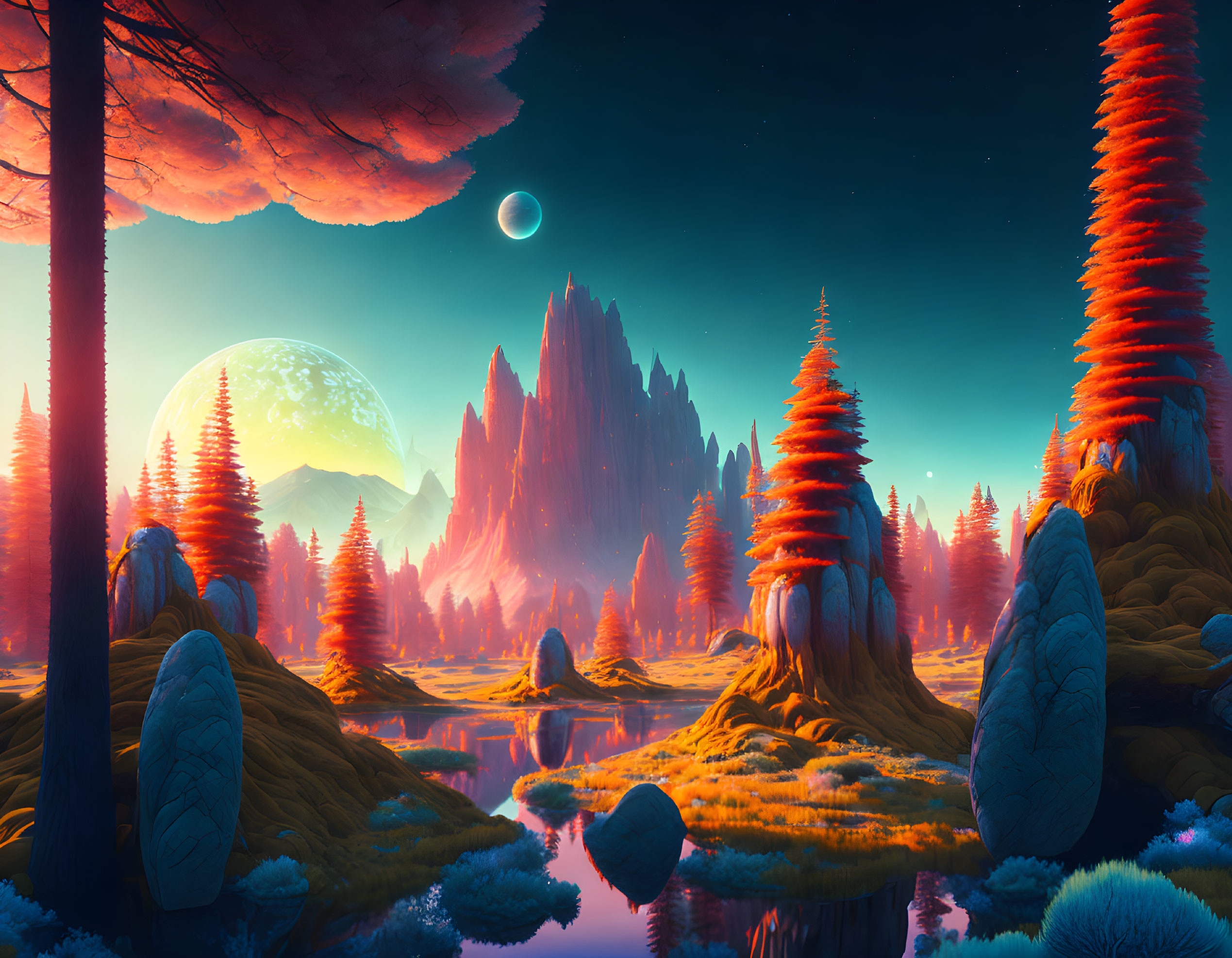 Majestic red tree landscape with celestial bodies at sunset