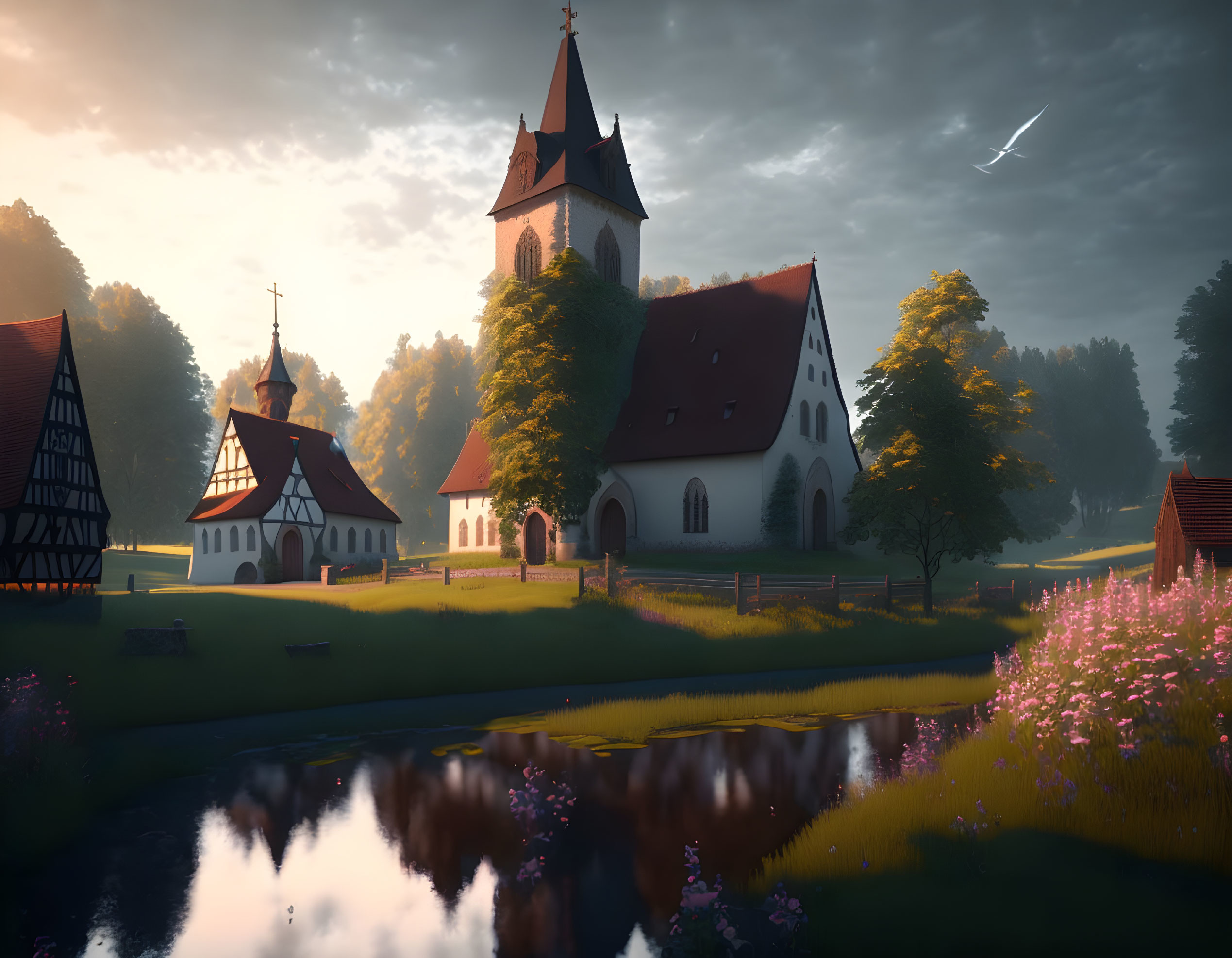 Tranquil sunrise landscape with church, river, flowers, trees, and shooting star