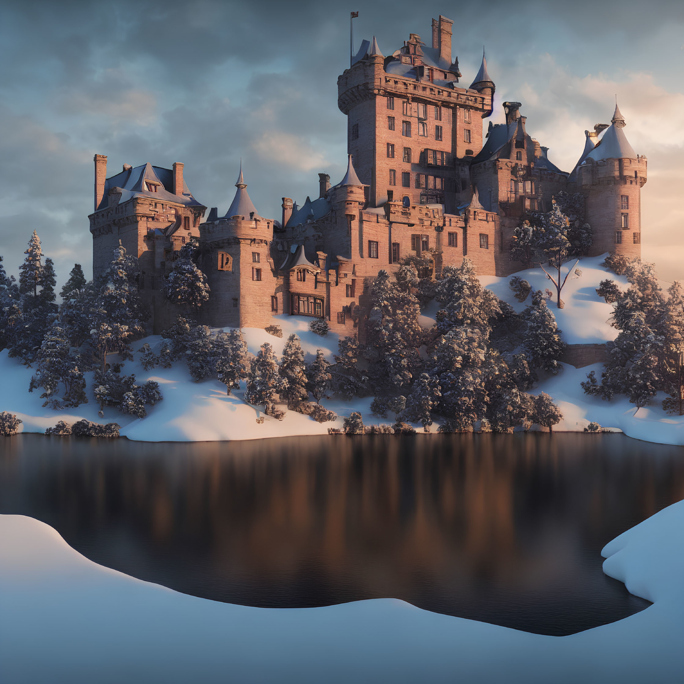 Stone castle with towers in snowy landscape reflected in lake at sunset/sunrise