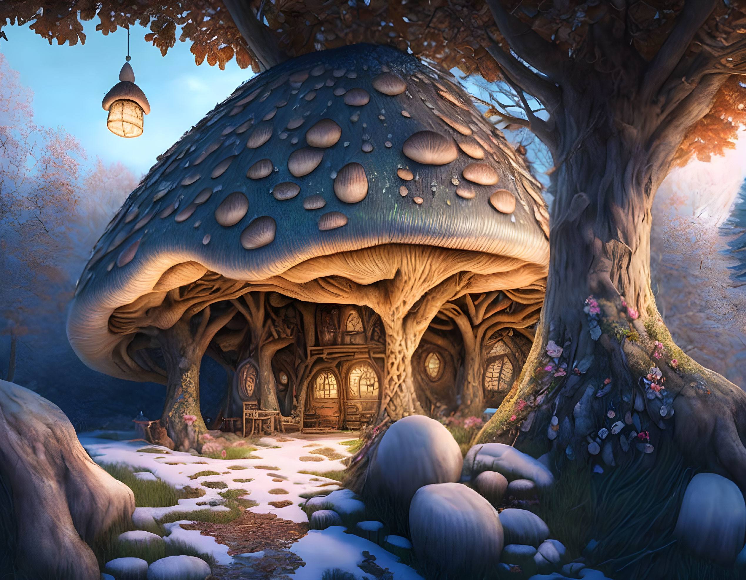 Illustration of fairy-tale mushroom house in misty forest at twilight