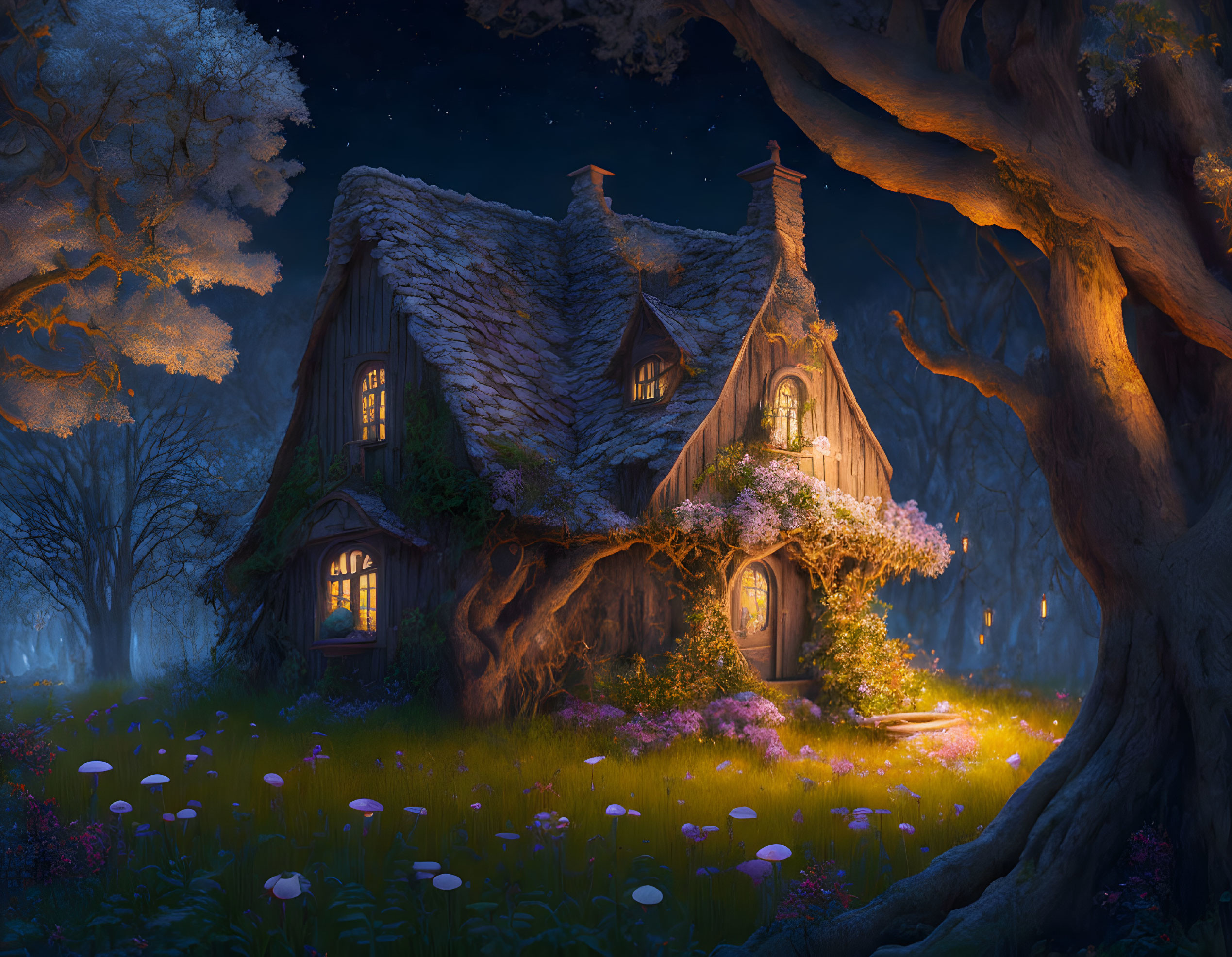 Whimsical cottage in ancient tree with glowing windows