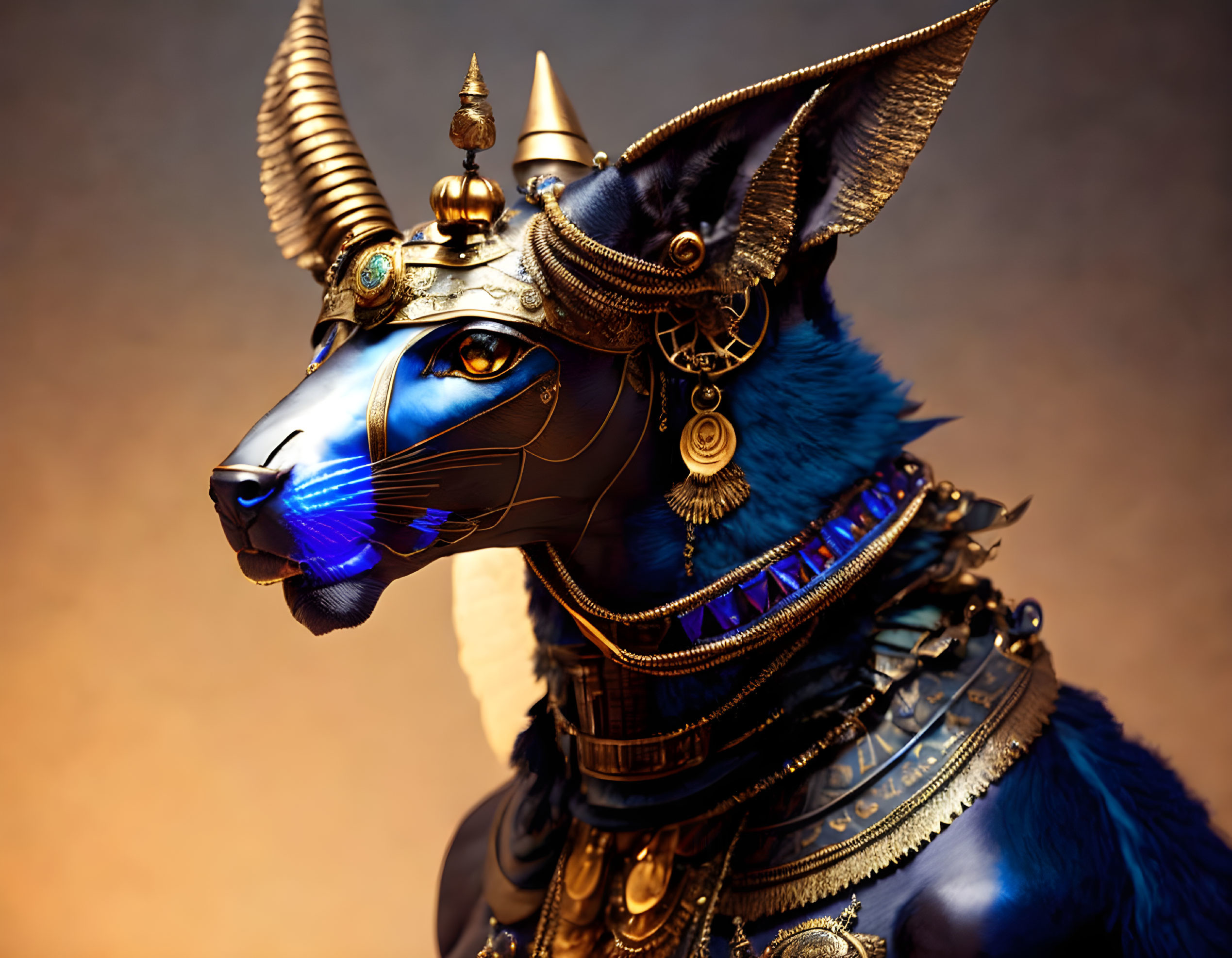 Intricate golden Anubis depiction against warm backdrop