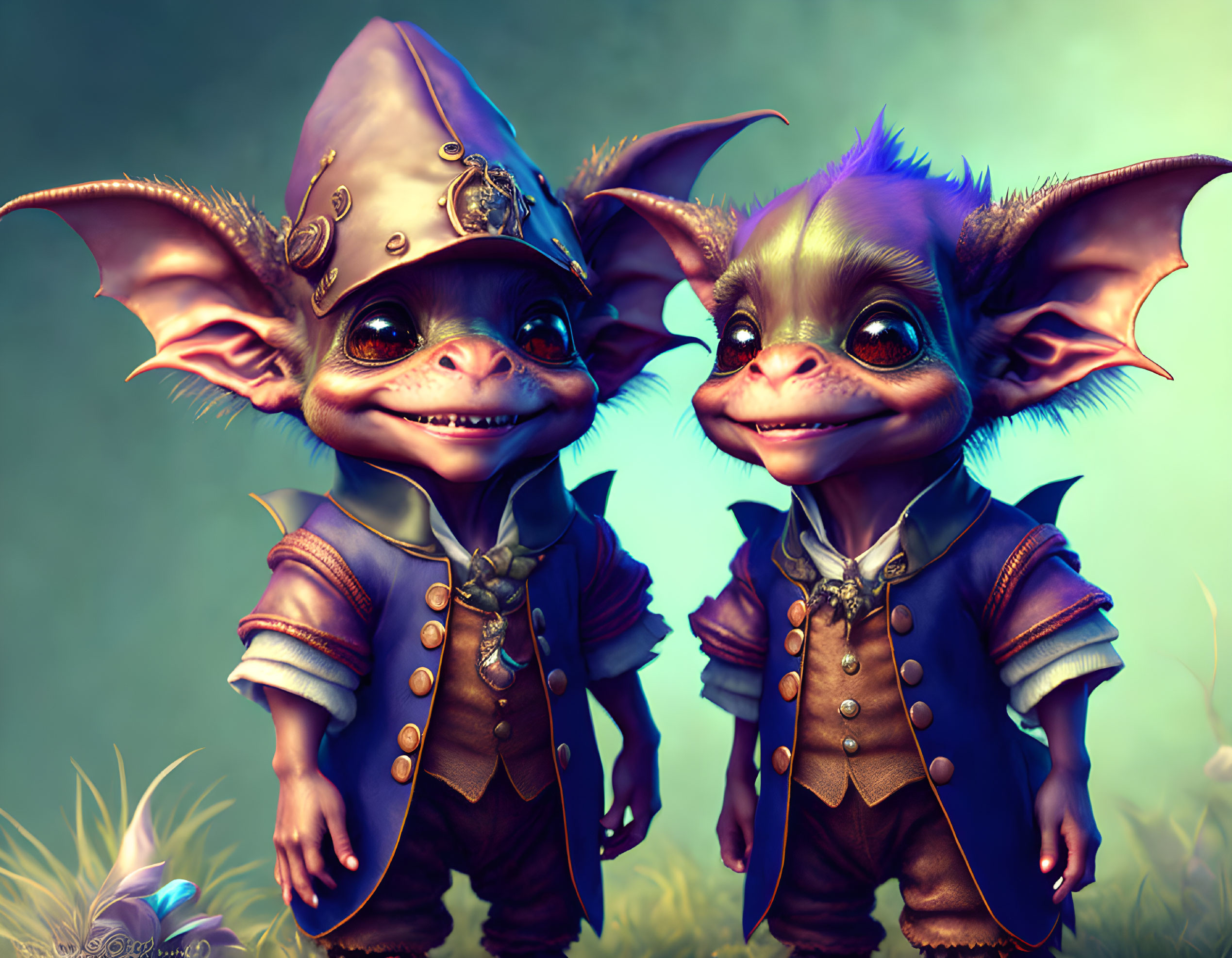 Whimsical gremlin-like creatures in ornate fantasy outfits