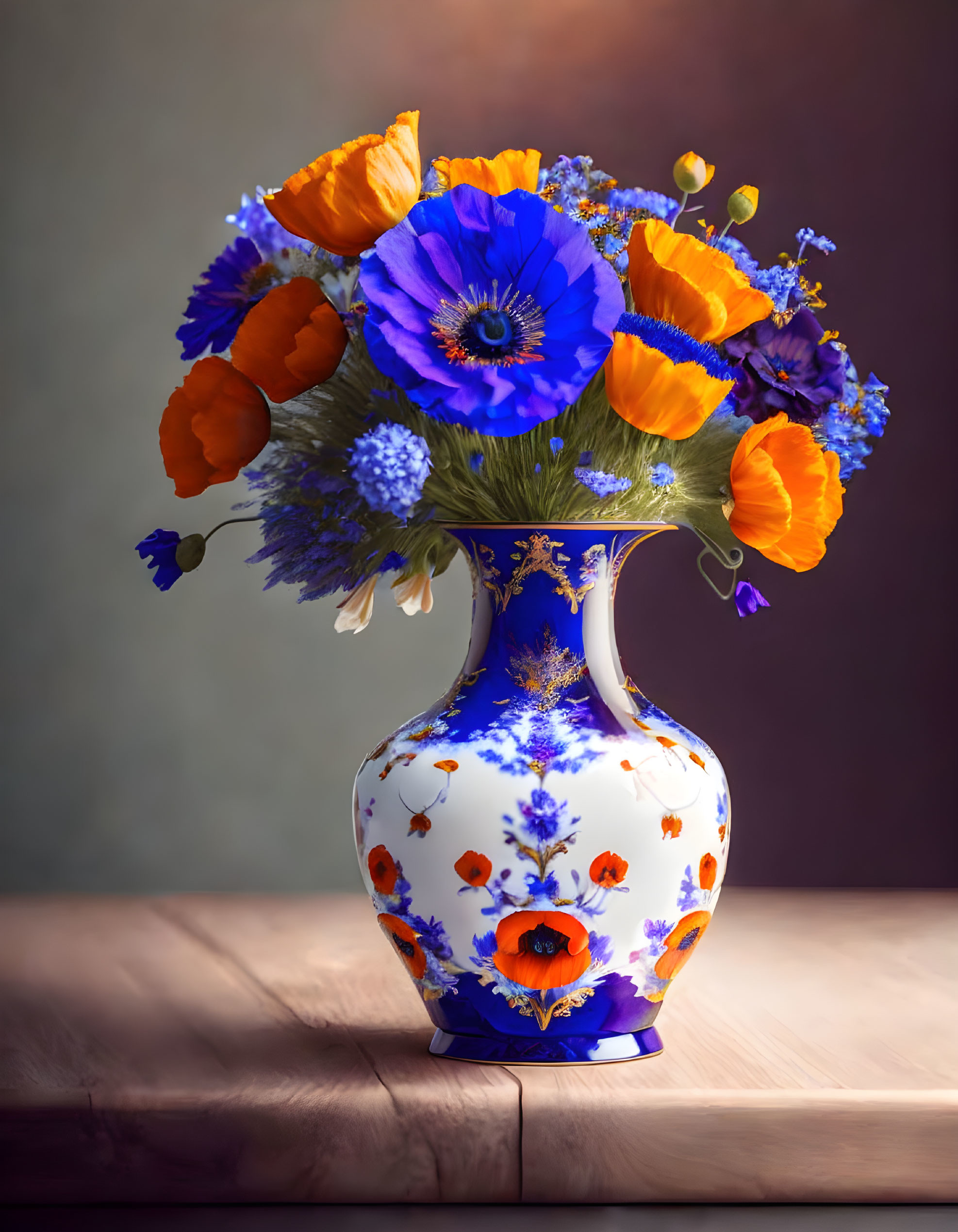 Blue and Orange Flower Bouquet in Decorative Vase on Wooden Surface