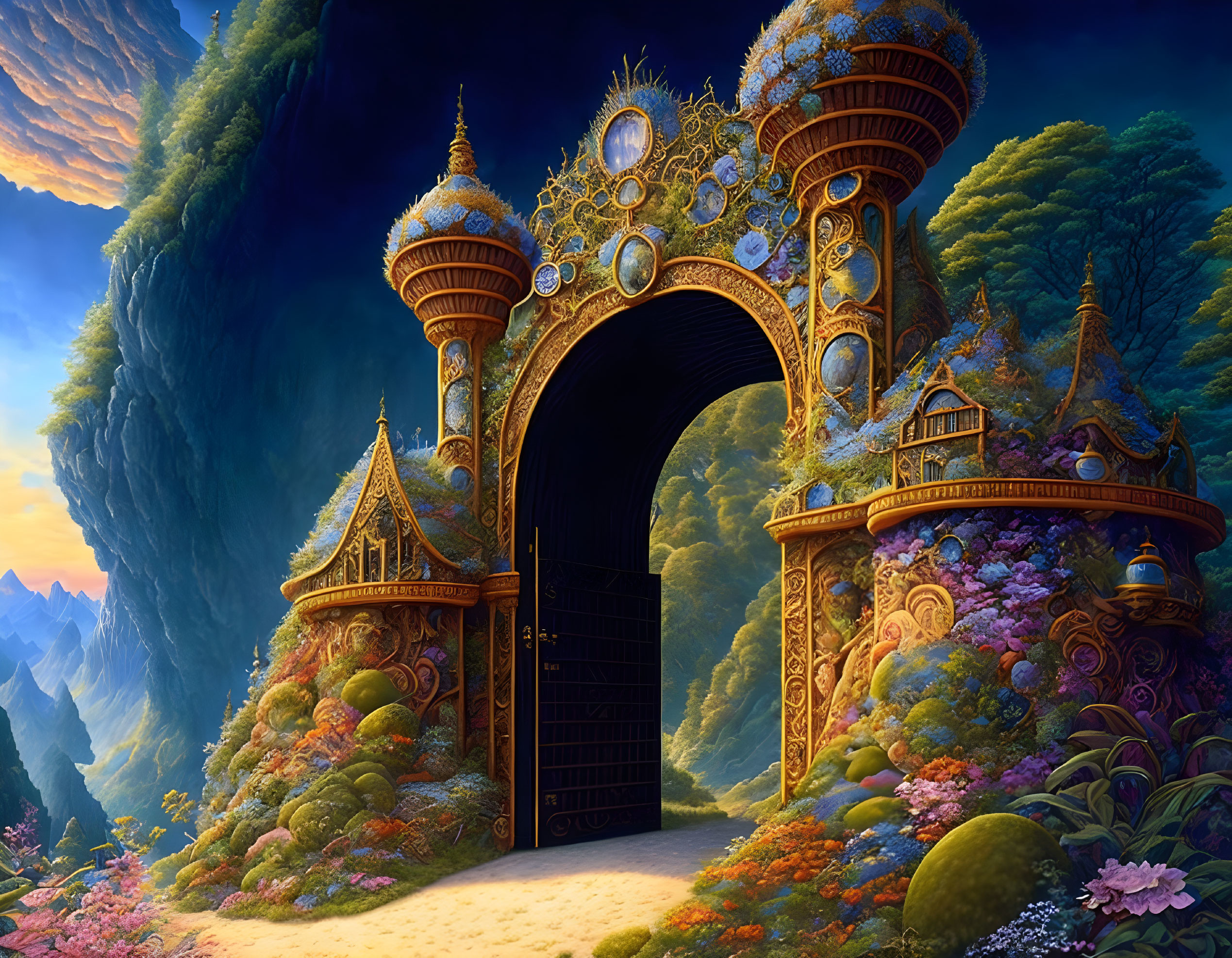 Intricate Golden Gate in Fantastical Twilight Landscape