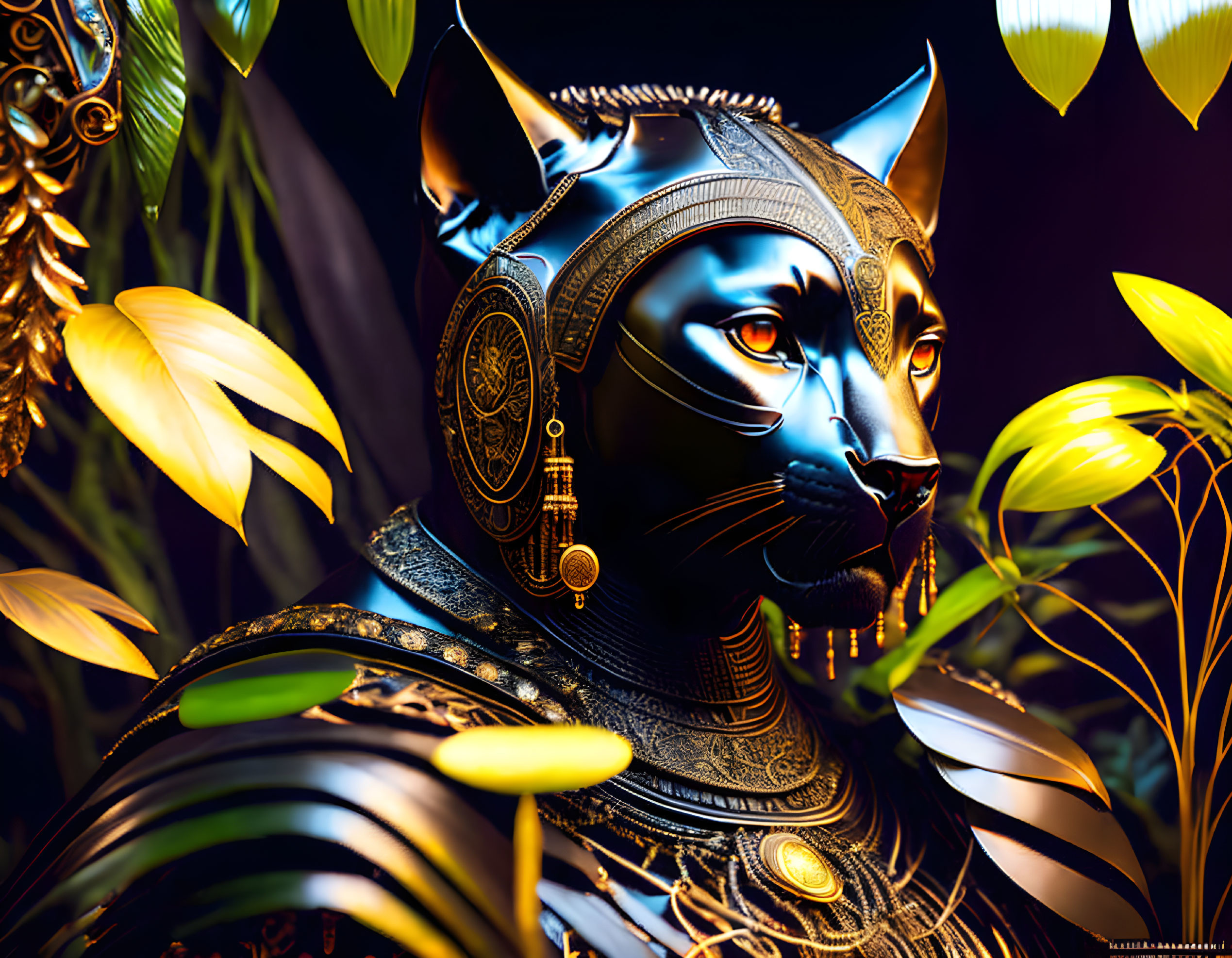 Detailed Stylized Black Panther with Golden Tribal Jewelry in Vibrant Foliage