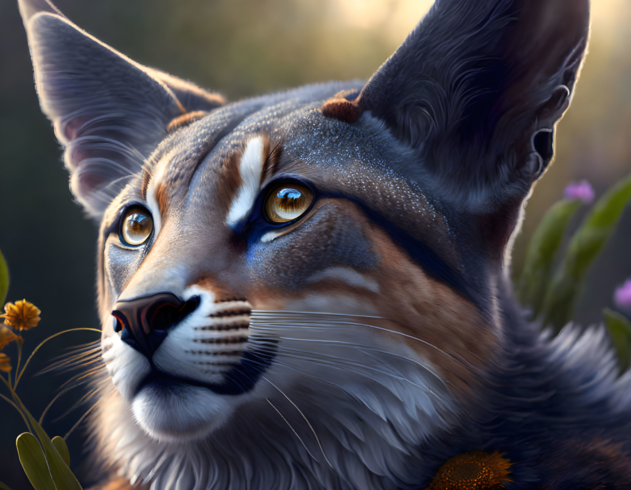 Hyper-realistic digital painting of a caracal with pronounced ears and amber eyes in soft lit floral