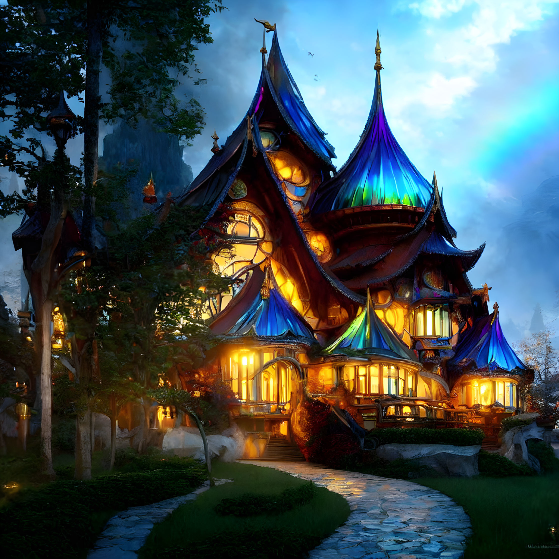 Enchanting multistory fantasy house with blue roofs and spires among trees at twilight