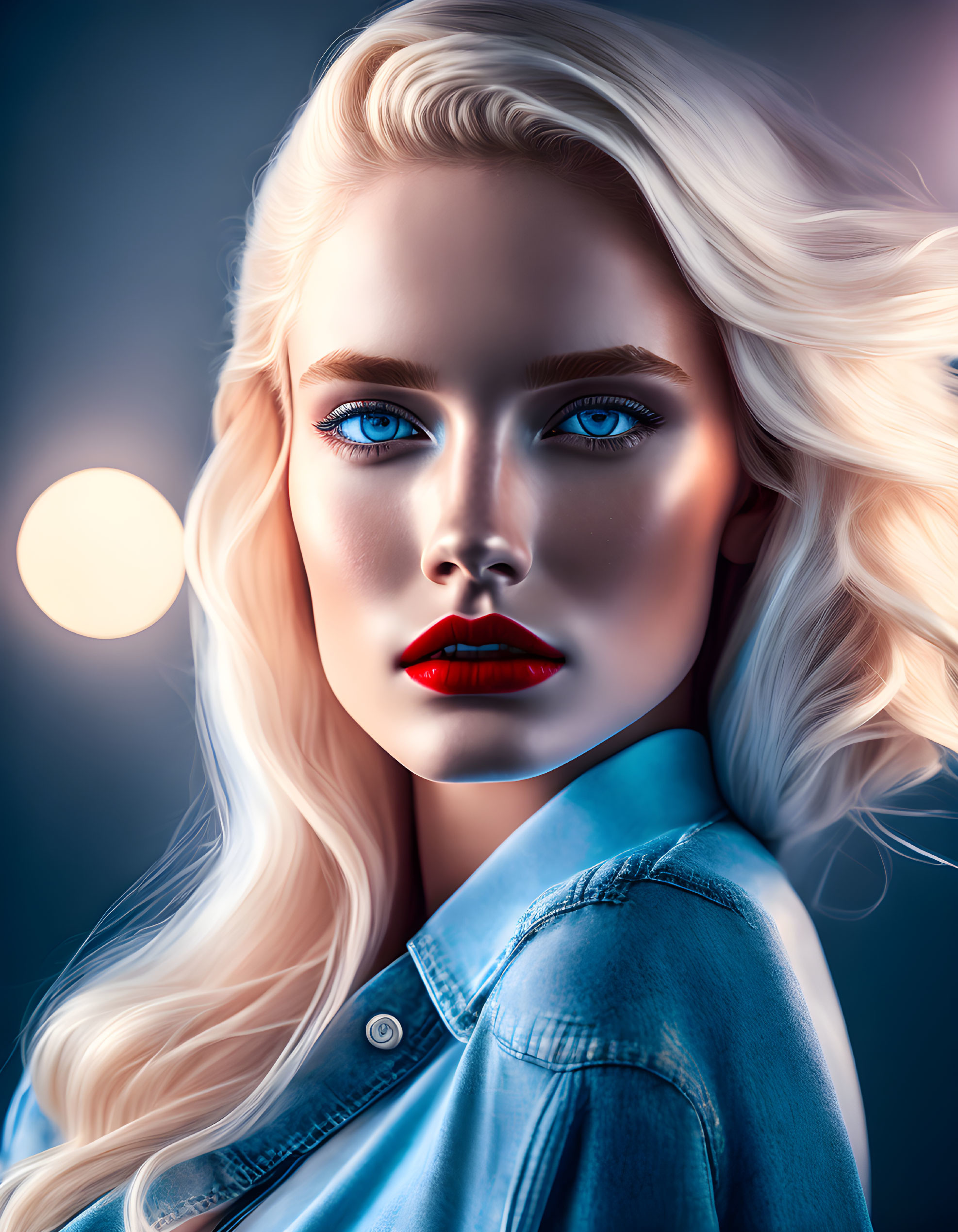 Woman with blue eyes and blonde hair in denim jacket on blue backdrop