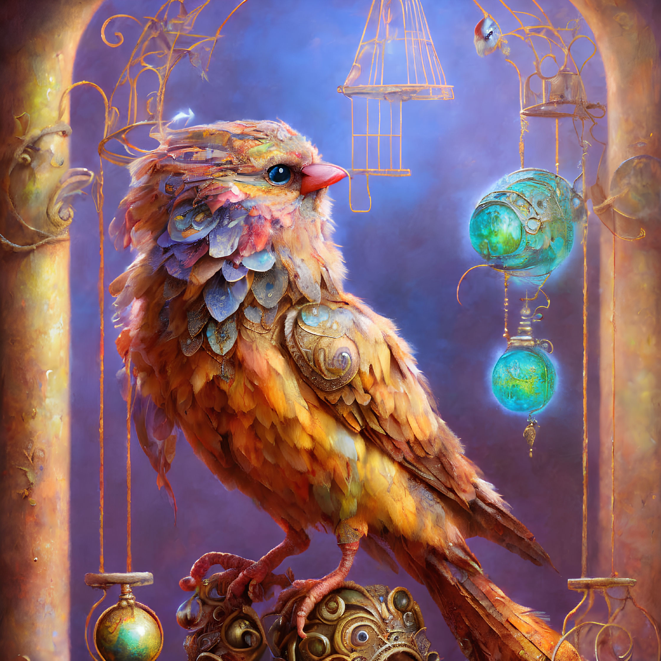 Colorful mechanical bird amidst golden structures and globes