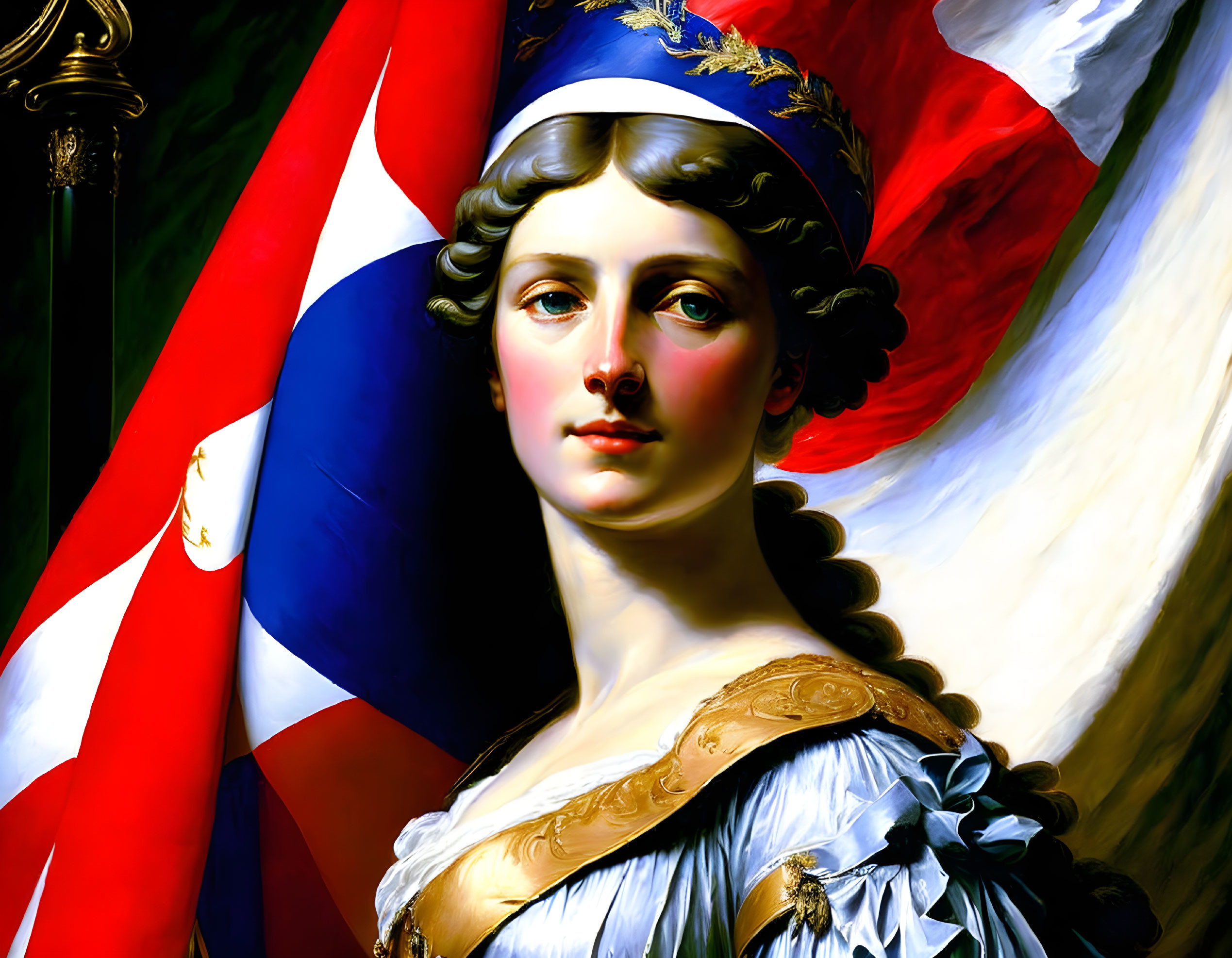 Vivid painting of woman with tricolor flag and patriotic attire