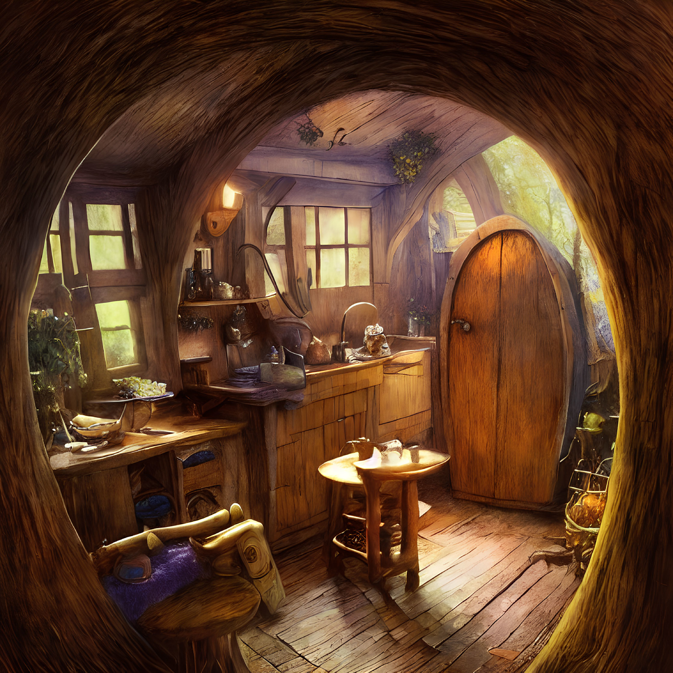 Cozy Round Hobbit-Style Interior with Wooden Door, Table, Fireplace, and Vintage Kitchenware