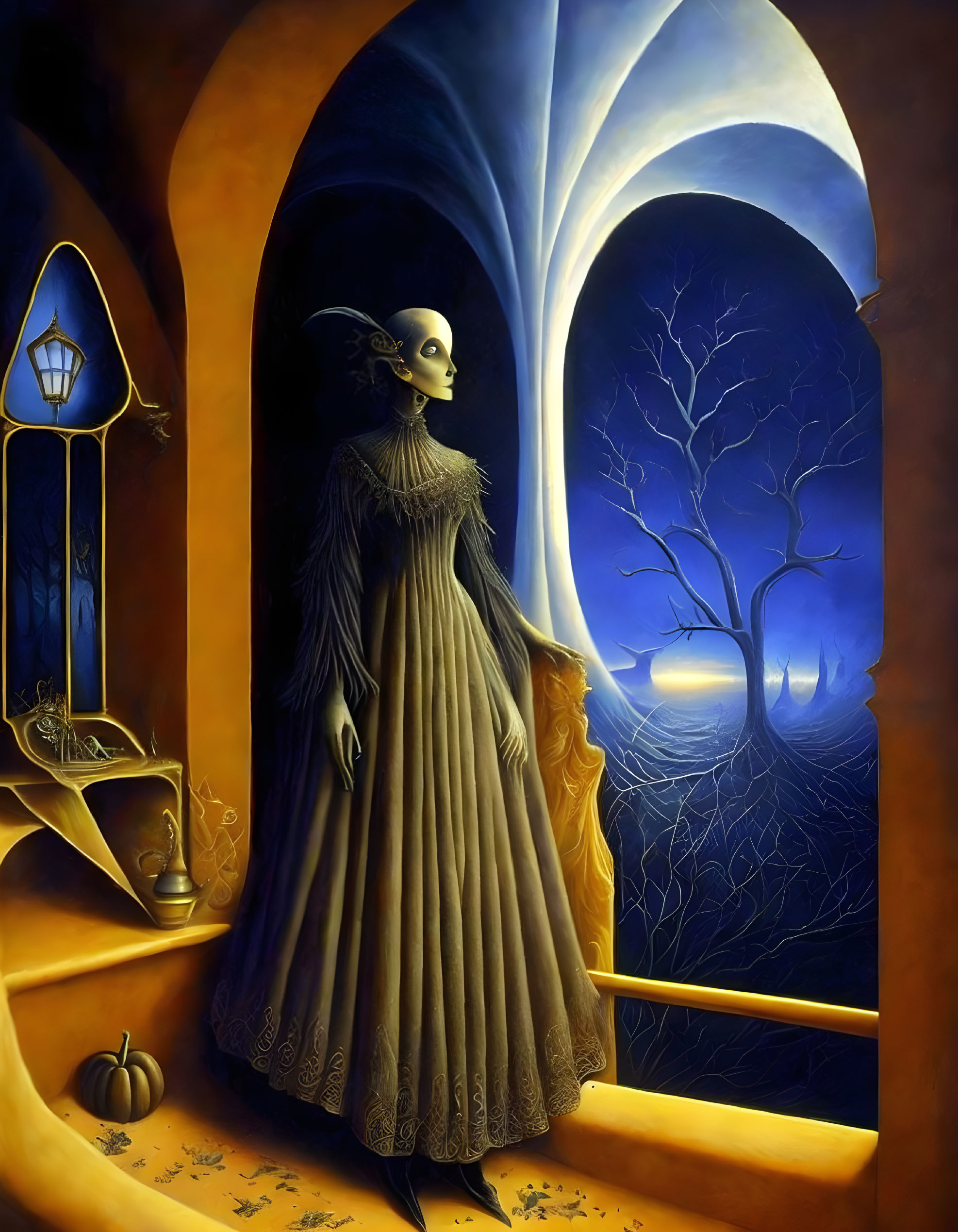 Stylized painting of masked figure in vintage gown in arched doorway overlooking mystical landscape.