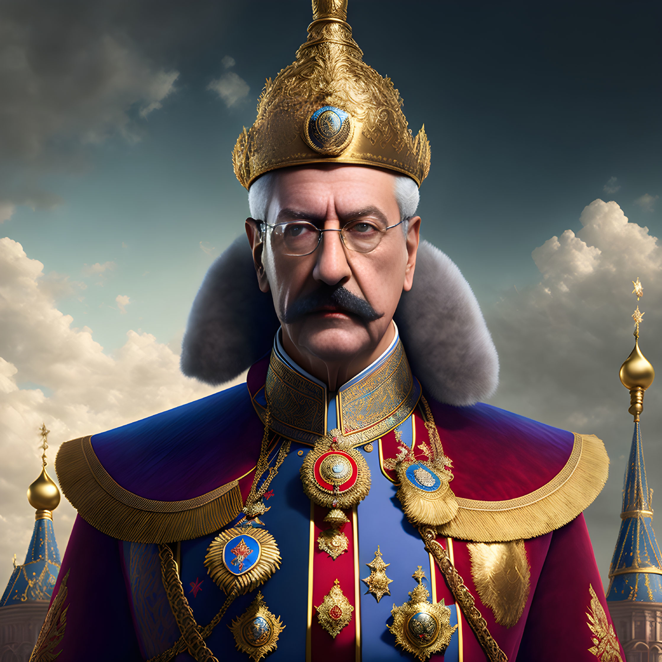 Regal man with mustache in uniform and crown under cloudy sky