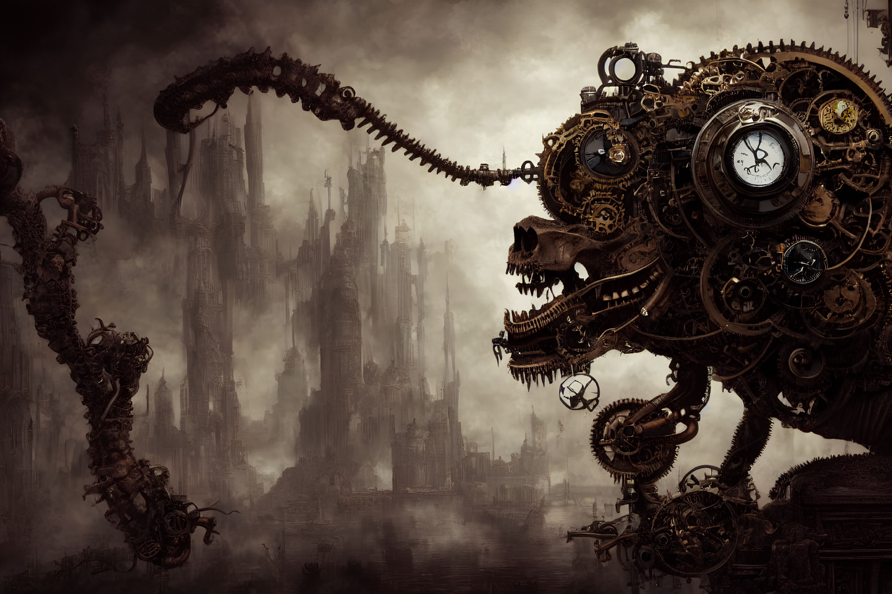 Steampunk Mechanical Dragon with Clock Elements in Gothic Cityscape