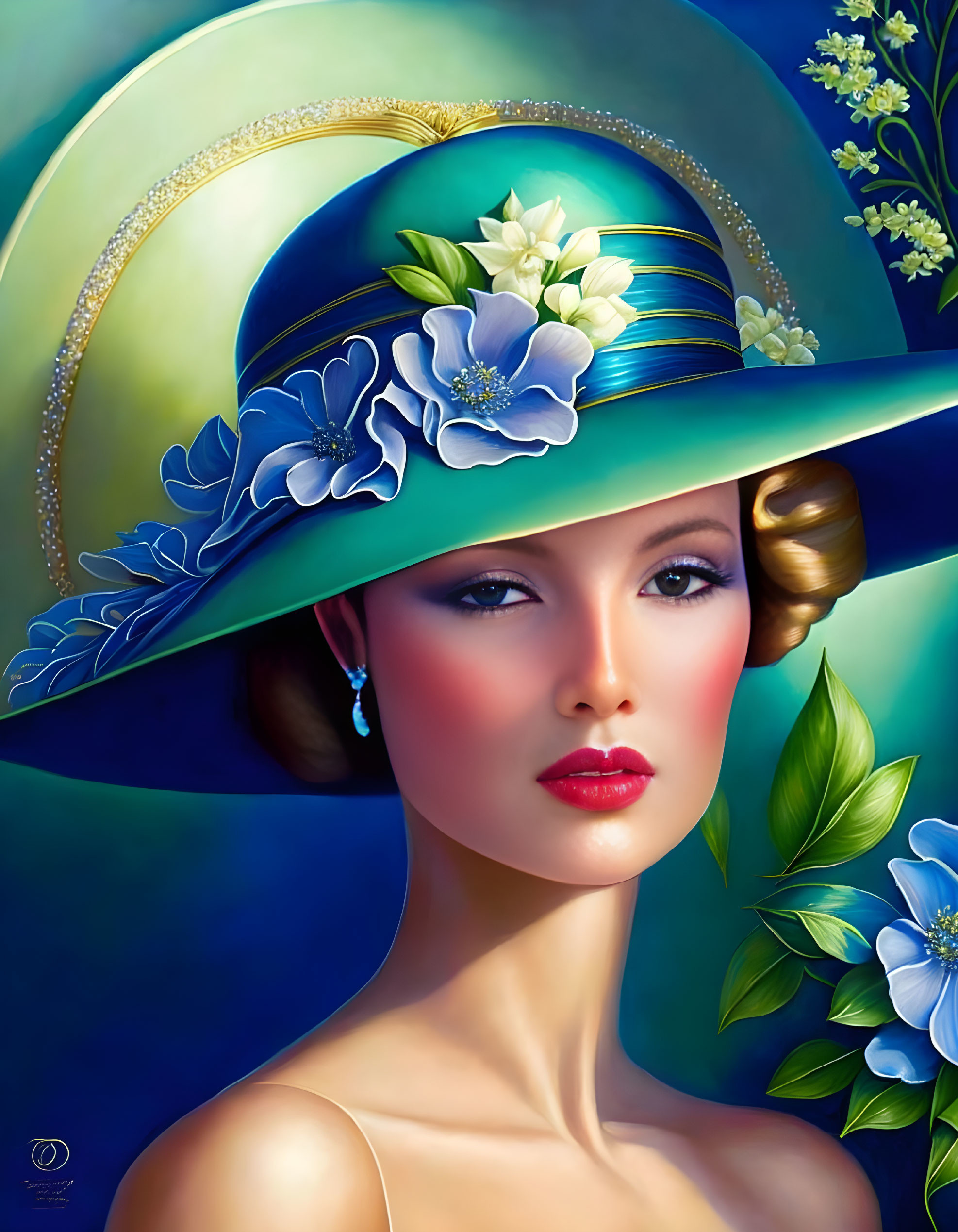 Woman Portrait with Elegant Blue Hat and Flowers: Makeup and Curled Hairstyle