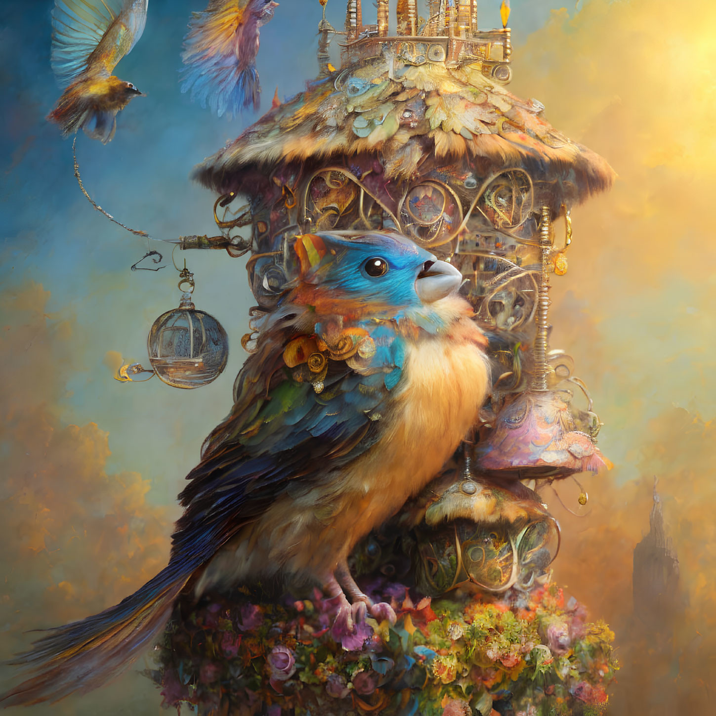 Colorful bird painting with whimsical birdhouse and flowers on dreamy backdrop