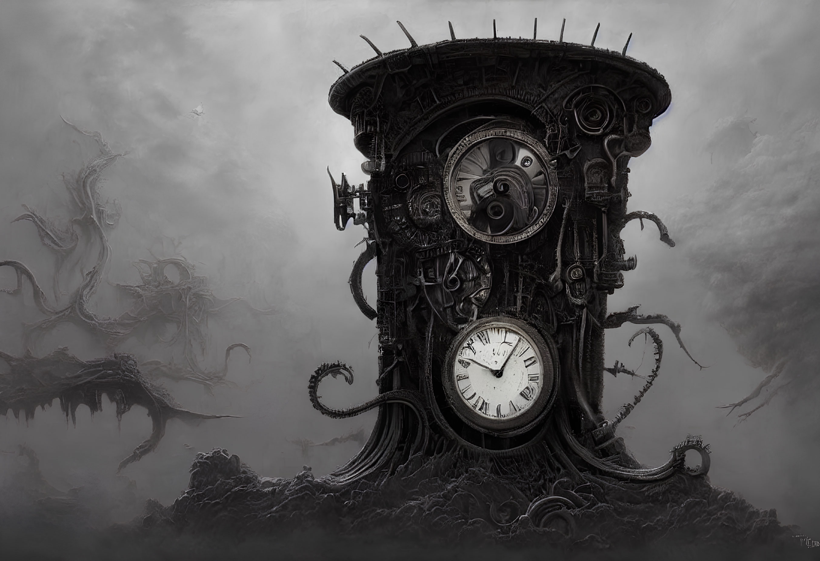 Monolithic clock tower with intricate gears and tentacles in dark, cloudy scene