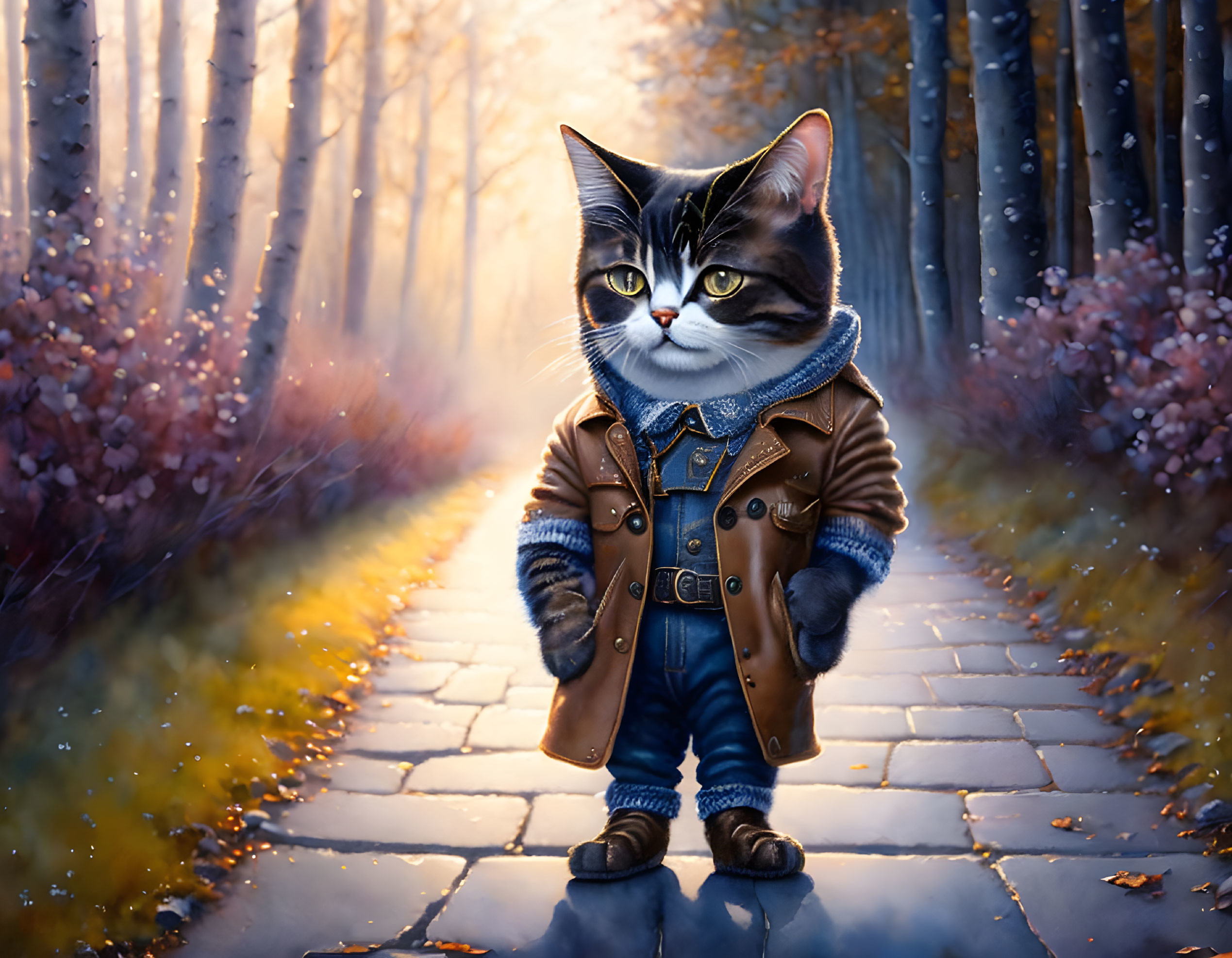 Stylized image: Cat in leather jacket on forest path