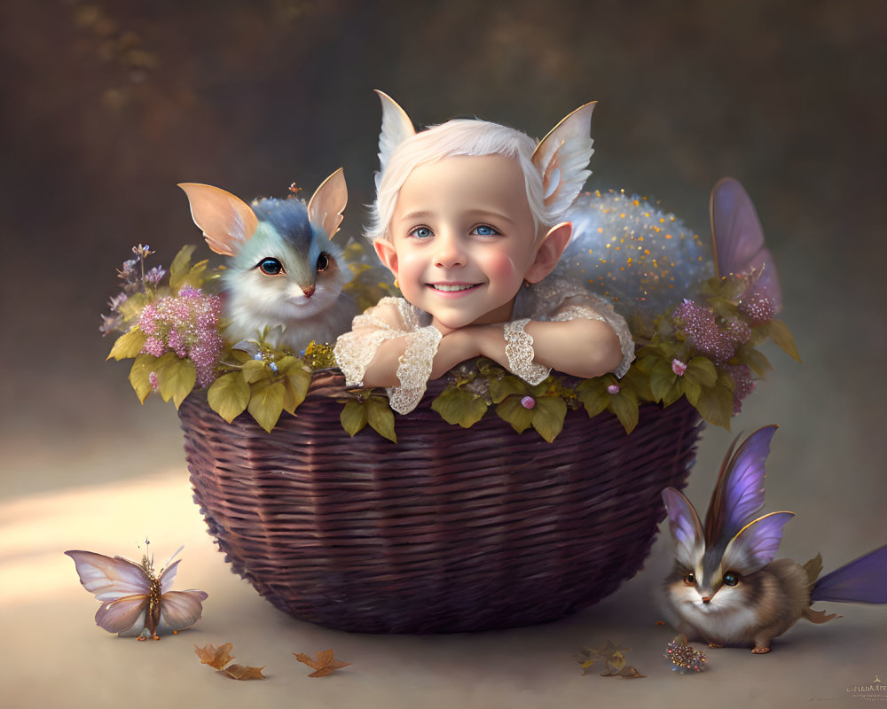 Child with fairy-like features in wicker basket with whimsical creatures