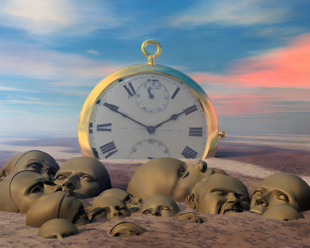 Surreal desert landscape with giant pocket watch and buried human faces