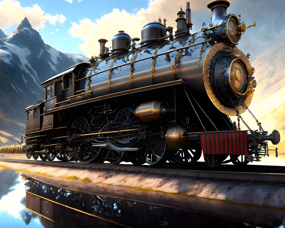 Detailed Close-Up of Vintage Steam Locomotive on Tracks with Majestic Mountains and Dramatic Sky