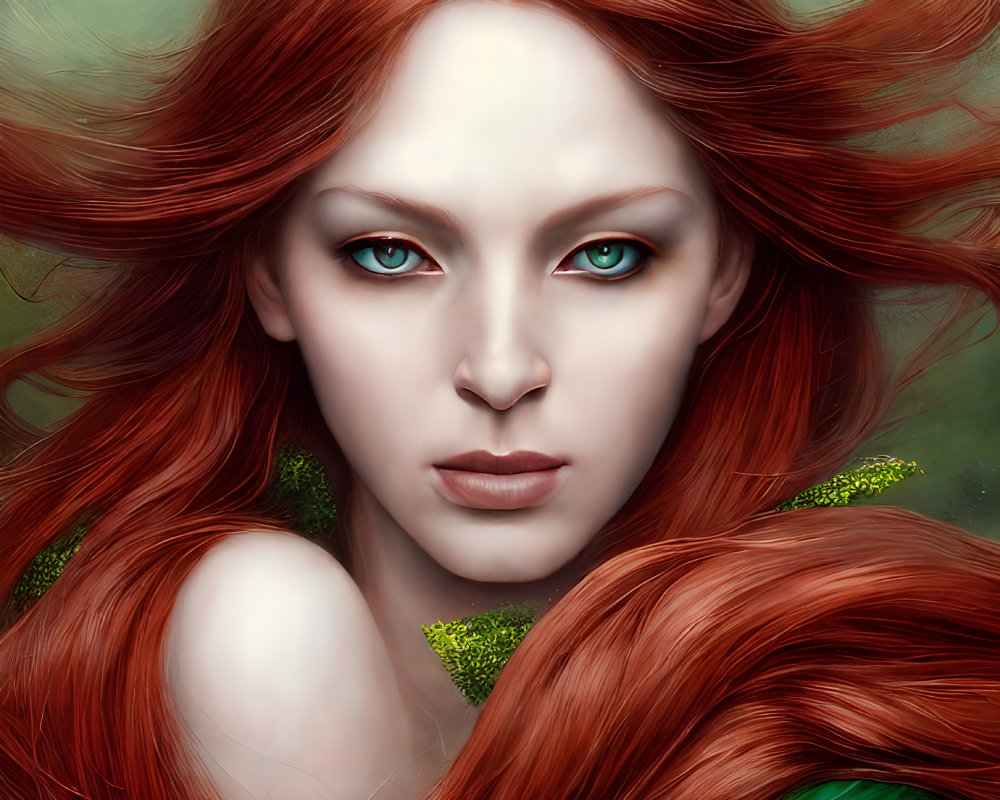 Digital portrait of a woman with red hair, green eyes, and foliage accents