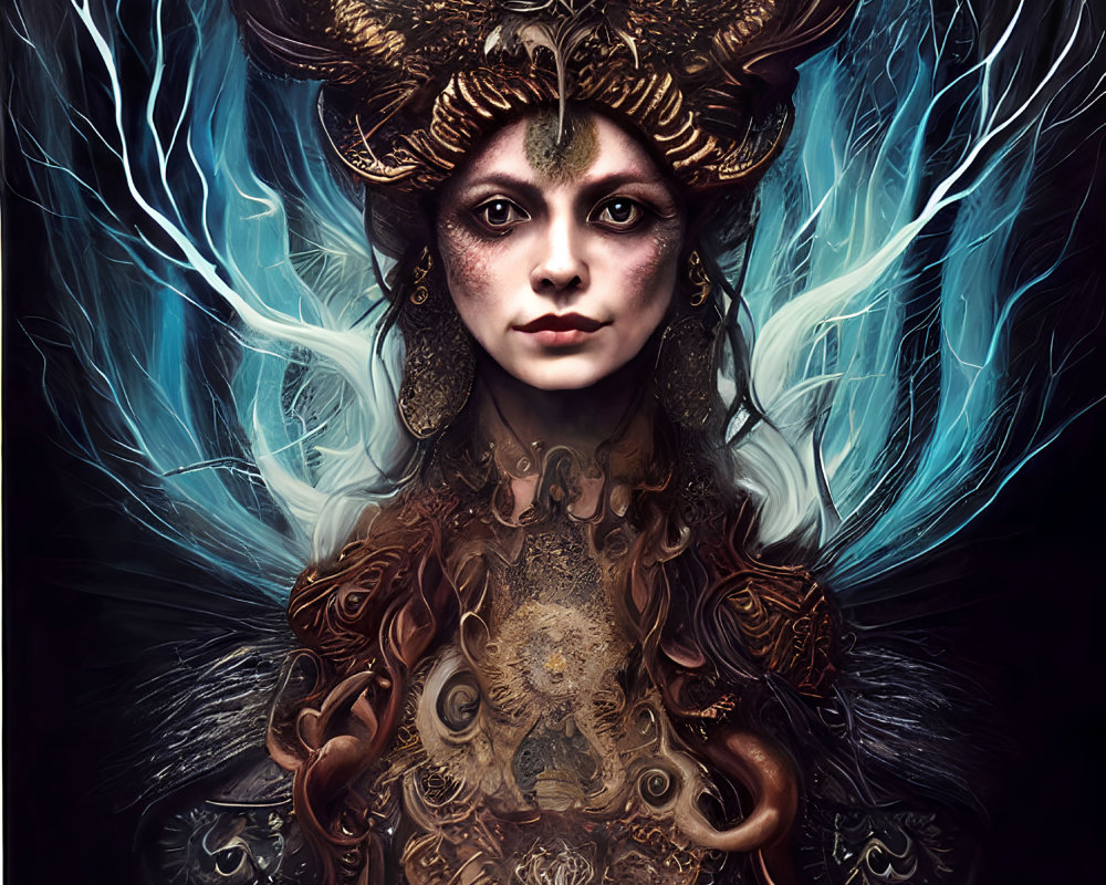 Fantasy female figure with golden headdress and mystical blue flames in elaborate armor