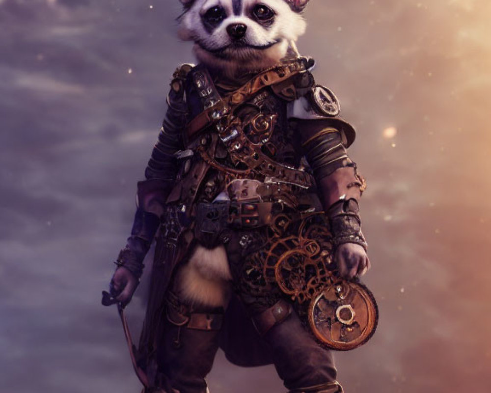 Steampunk-themed anthropomorphic raccoon with gear shield under starry sky