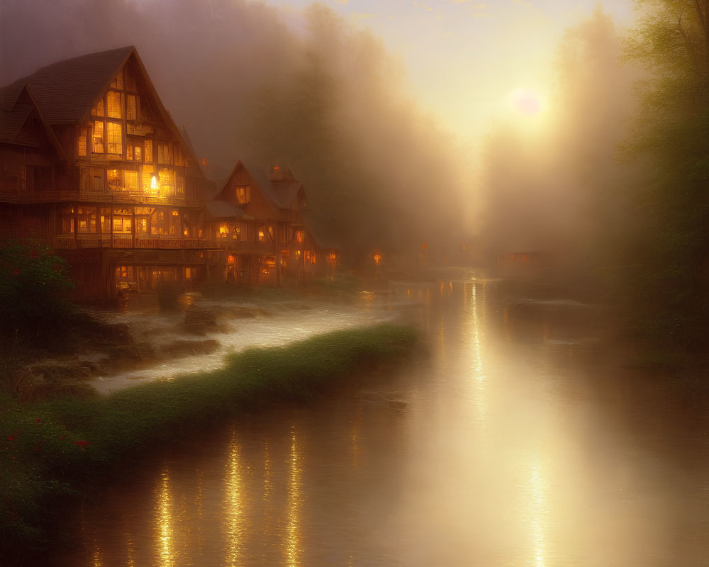 Riverside lodge at sunrise or sunset beside misty river