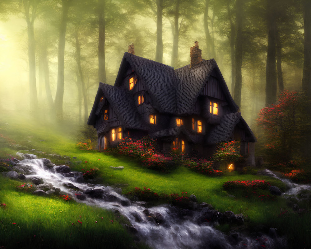 Enchanted forest scene: Quaint cottage, flowing stream, and soft sunlight