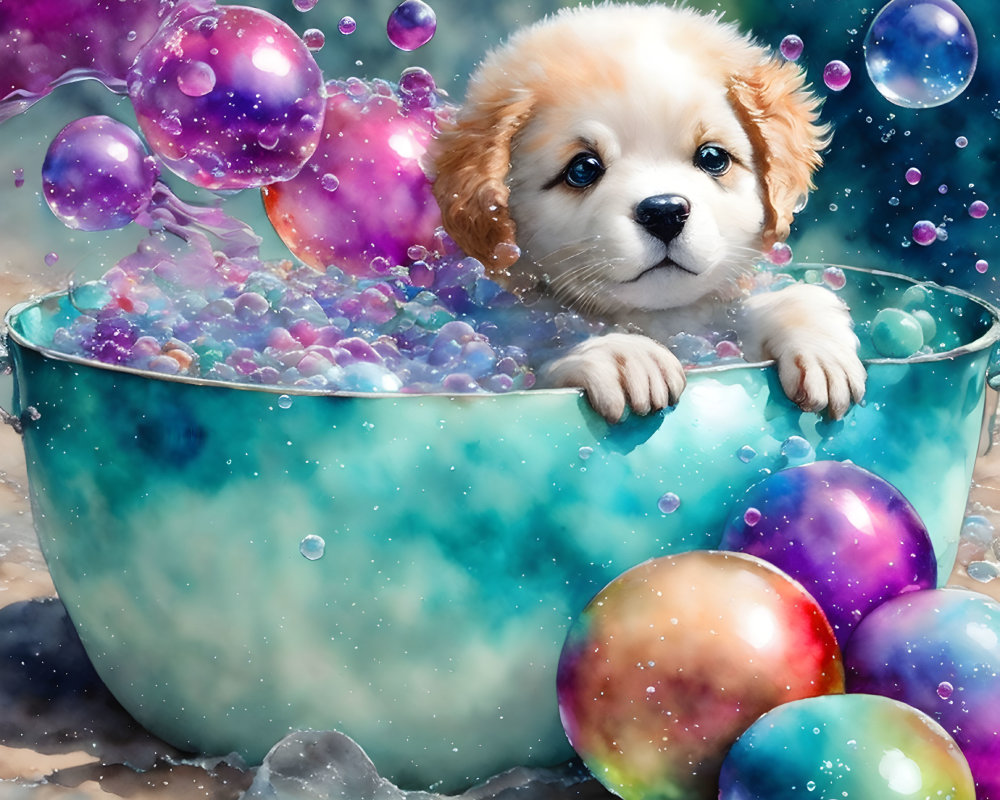 Adorable puppy in blue water basin with colorful bubbles