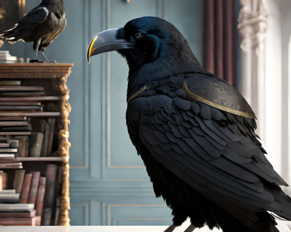 Detailed indoor image: two ravens, one perched on a stand, intricate textures, classic library