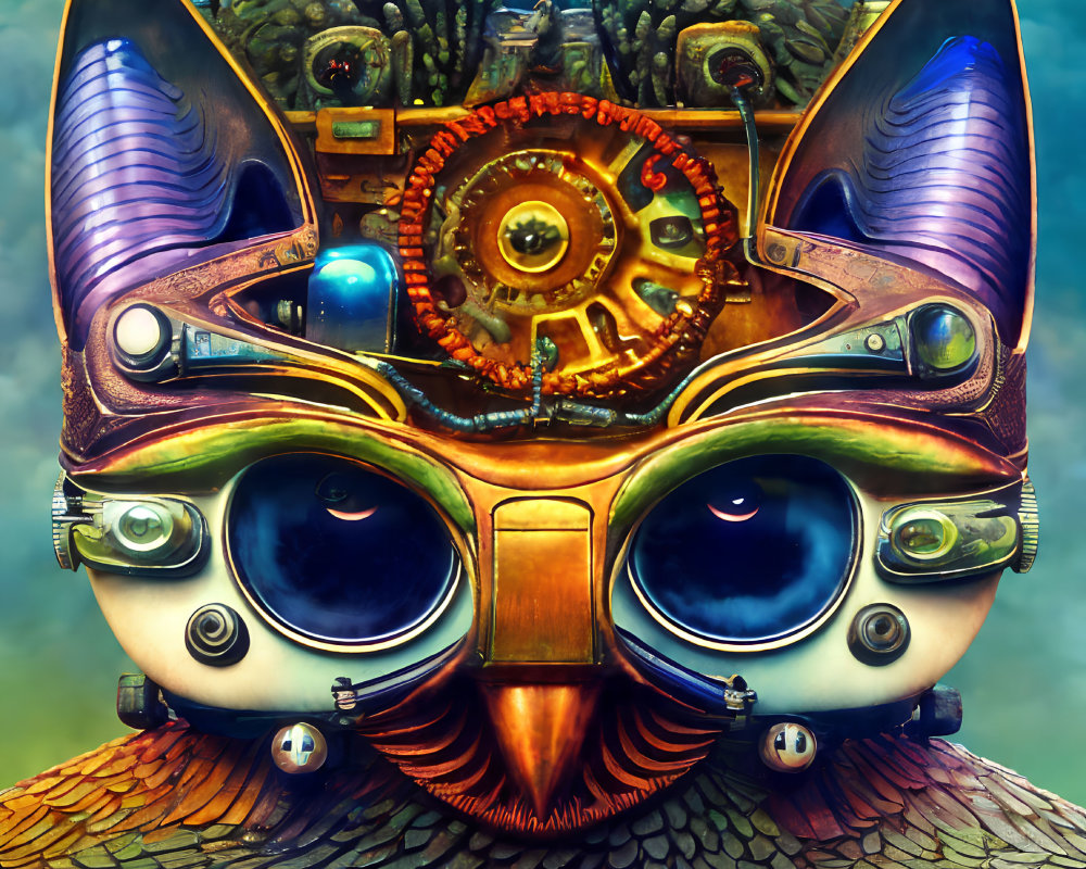 Steampunk-style digital artwork of a cat mask with metallic feathers and blue eyes