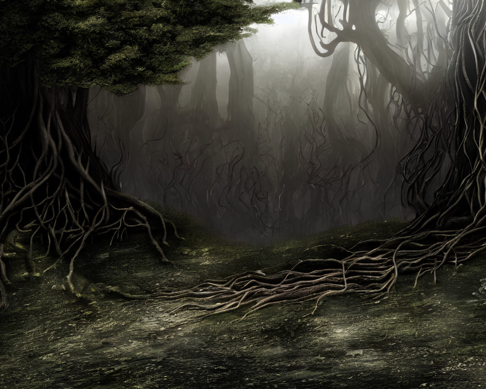 Mystical Forest with Gnarled Trees and Thick Mist