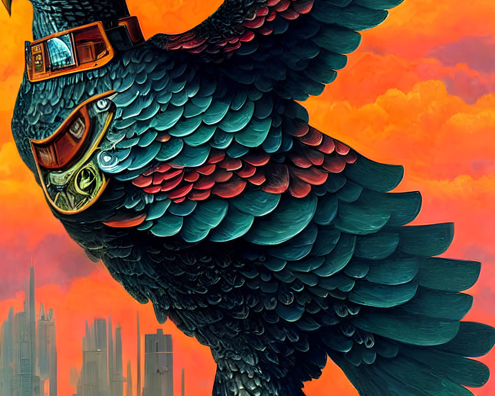 Detailed cybernetic eagle illustration against orange futuristic sky