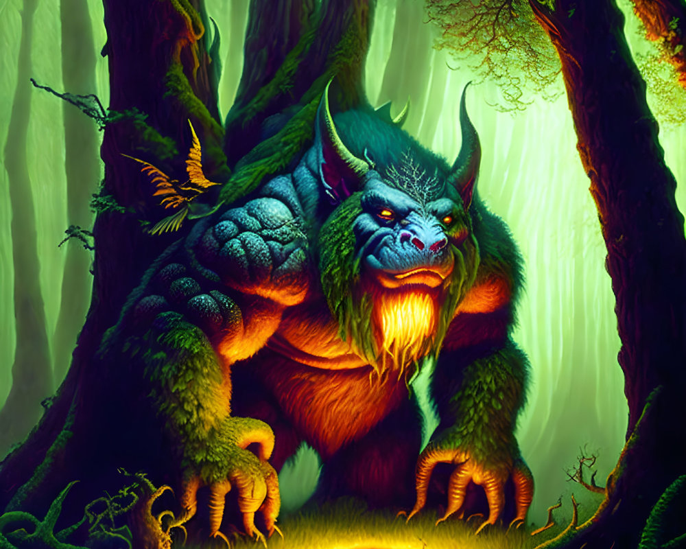 Blue-faced, fanged creature in green fur gazes at glowing object in enchanted forest