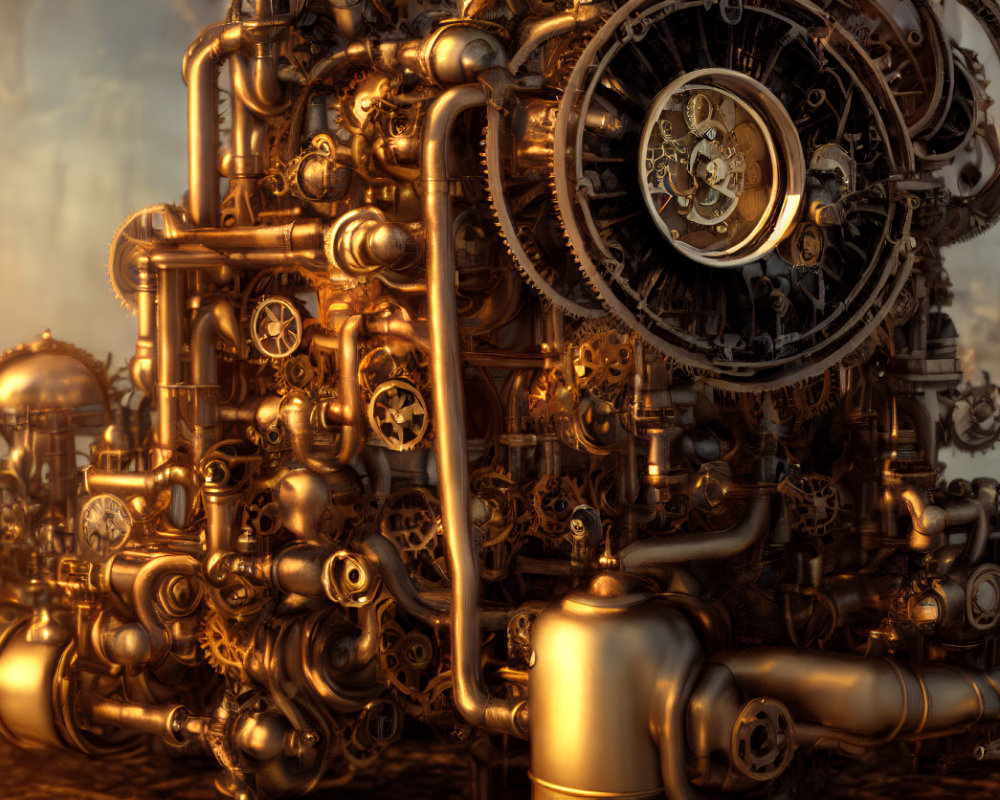 Detailed steampunk machinery with gears, pipes, and metallic structures in warm golden light