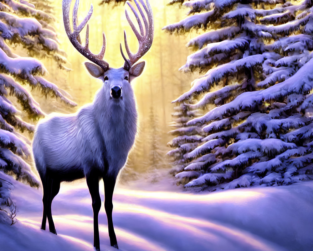 White stag in snow-covered forest with sunlight and purple hue