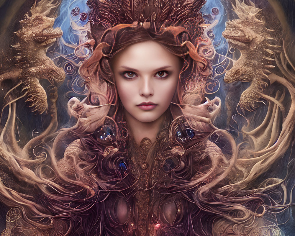 Fantasy portrait featuring woman with ornate crown and mythical creatures