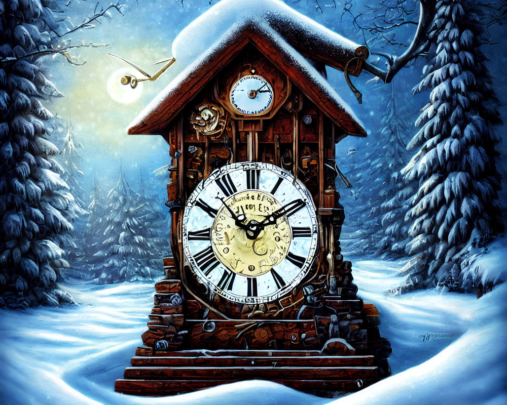 Whimsical snowy forest scene with ornate cuckoo clock