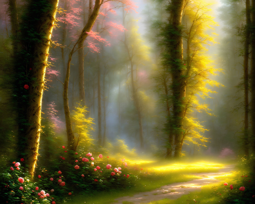 Tranquil forest path with sunbeams and pink flowers