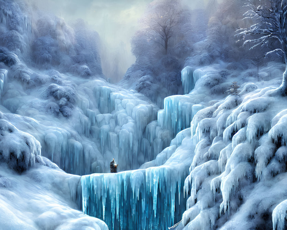 Snow-covered trees and icy waterfall in mystical winter landscape