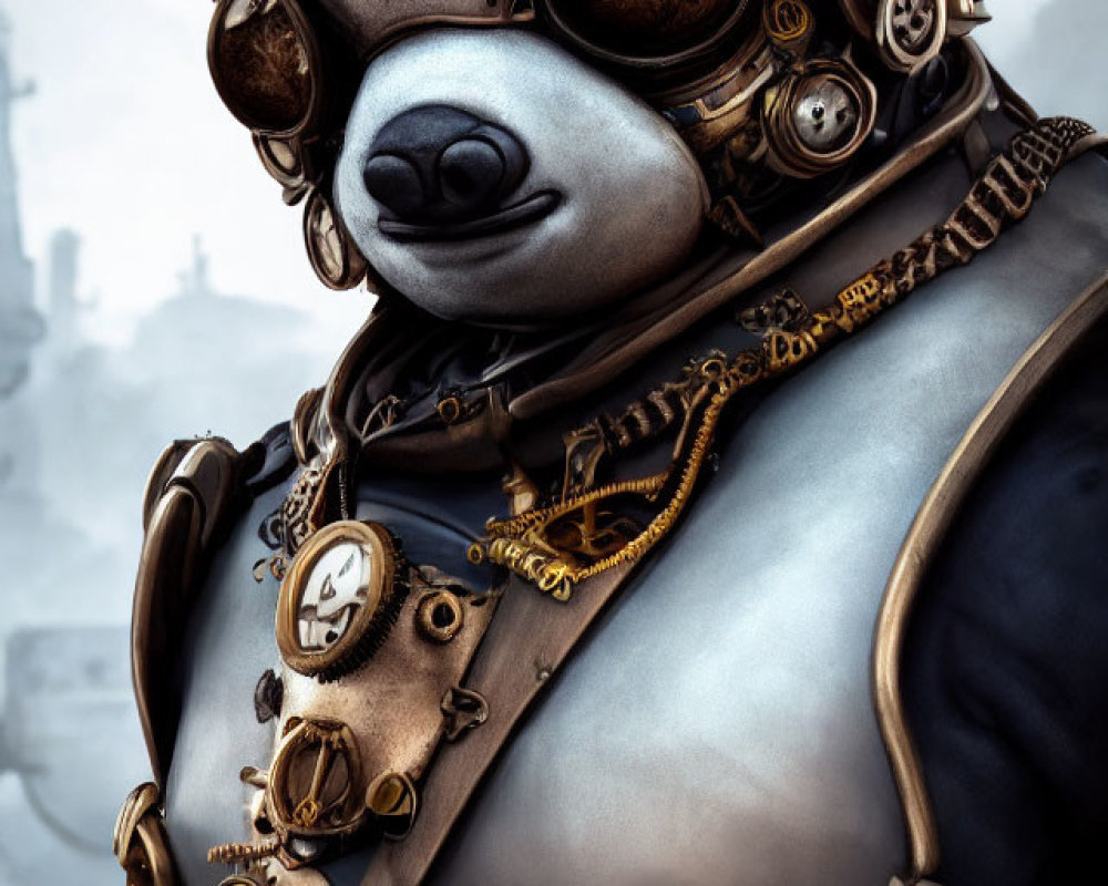 Steampunk anthropomorphic bear with aviator goggles and brass gears in leather helmet and vest against architectural