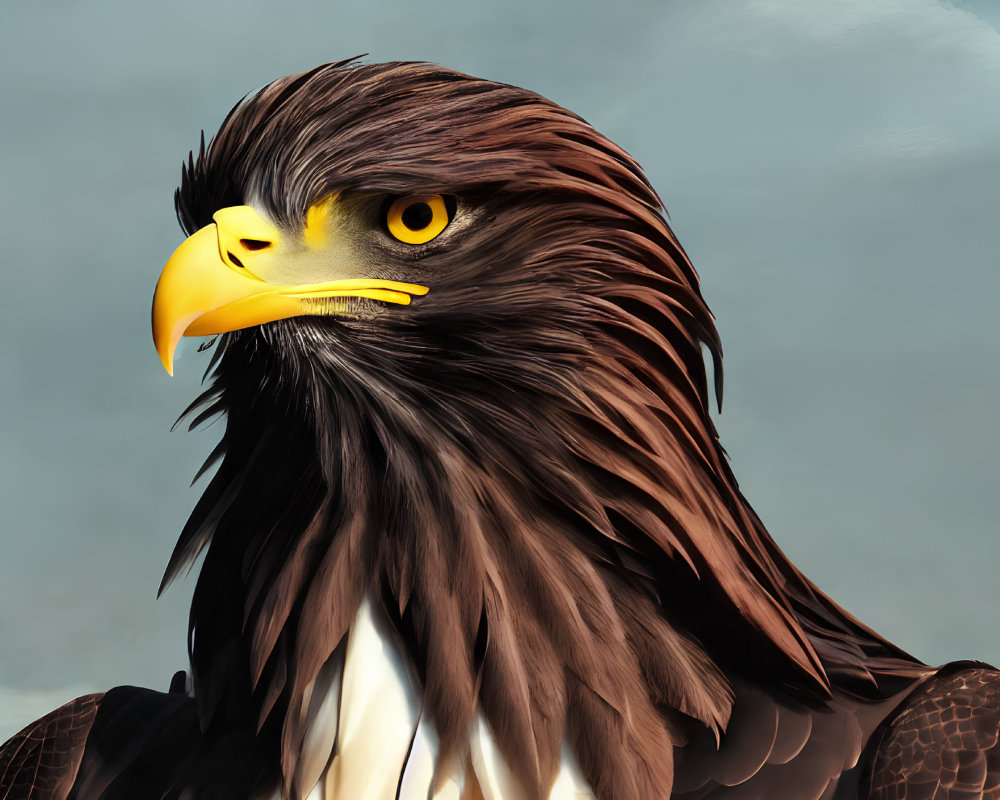 Detailed close-up of majestic eagle with sharp yellow beak and piercing eyes on pale blue background