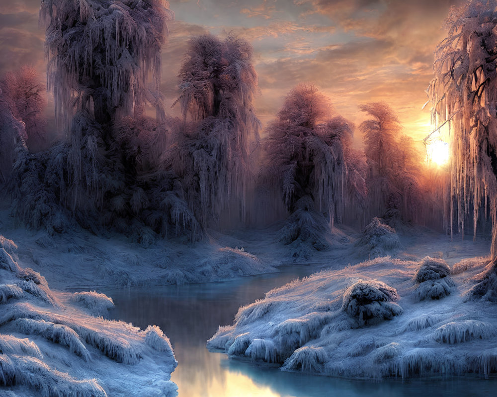 Winter landscape: Sunlight on icy trees by frosty river