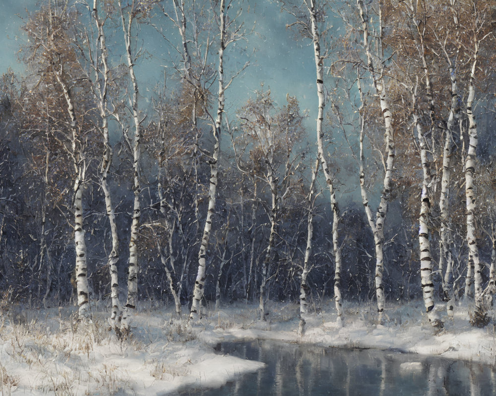 Snowy birch trees and creek in serene winter landscape