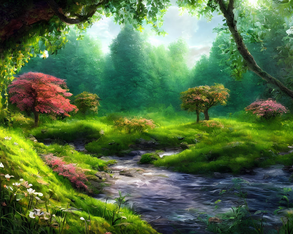 Tranquil stream in lush green forest with vibrant flora