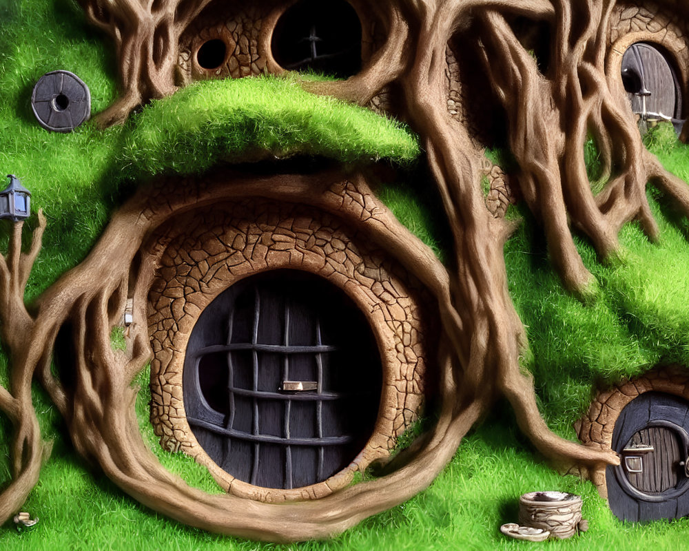 Fantasy tree illustration with round doors and windows covered in green moss